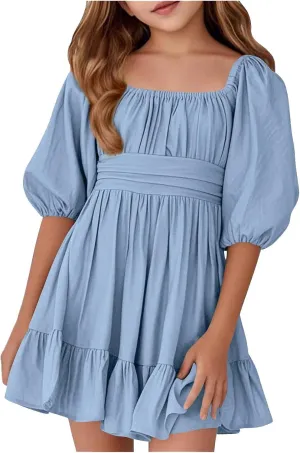 Girls Summer Tie Back Dress Tween Kids Square Neck Lantern Sleeve Ruffle A-Line Party Mini Dress Size 4-15 Years
