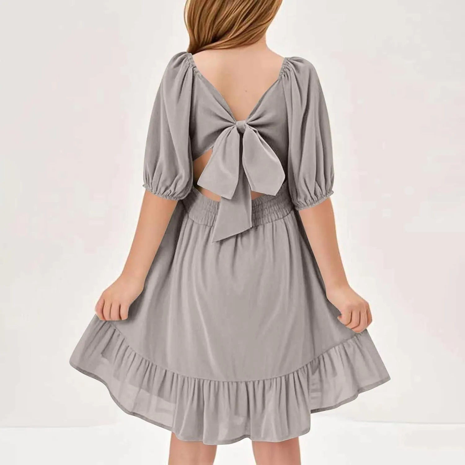 Girls Summer Tie Back Dress Tween Kids Square Neck Lantern Sleeve Ruffle A-Line Party Mini Dress Size 4-15 Years