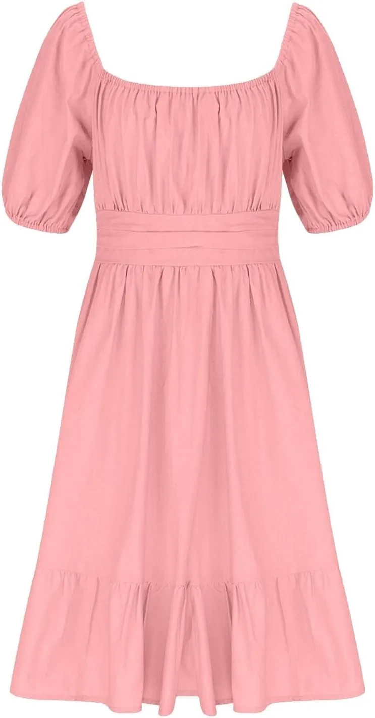 Girls Summer Tie Back Dress Tween Kids Square Neck Lantern Sleeve Ruffle A-Line Party Mini Dress Size 4-15 Years