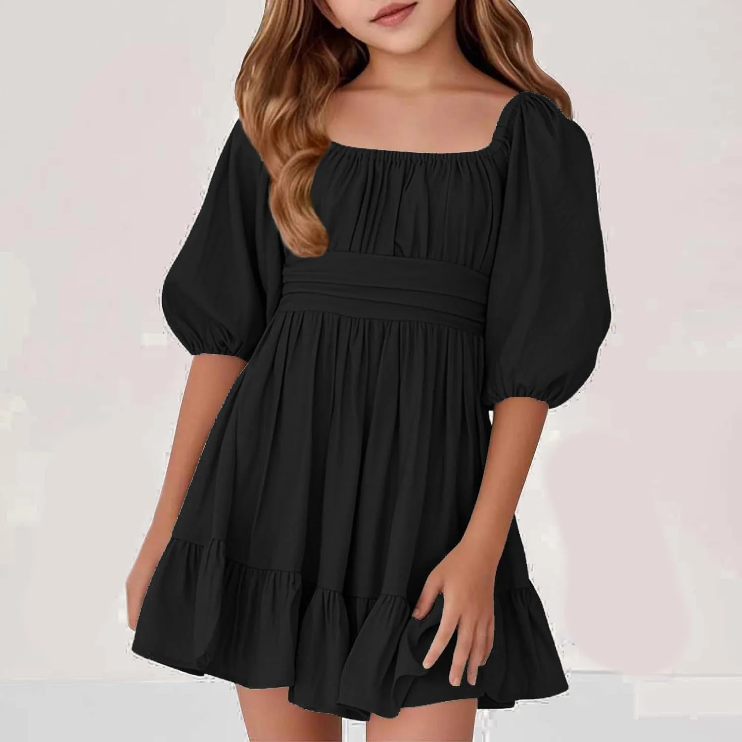 Girls Summer Tie Back Dress Tween Kids Square Neck Lantern Sleeve Ruffle A-Line Party Mini Dress Size 4-15 Years