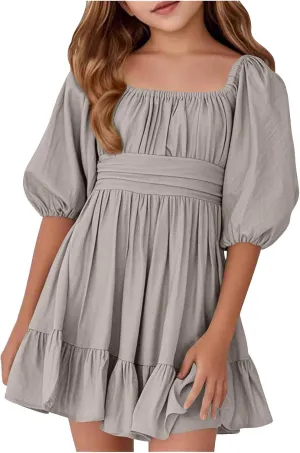 Girls Summer Tie Back Dress Tween Kids Square Neck Lantern Sleeve Ruffle A-Line Party Mini Dress Size 4-15 Years