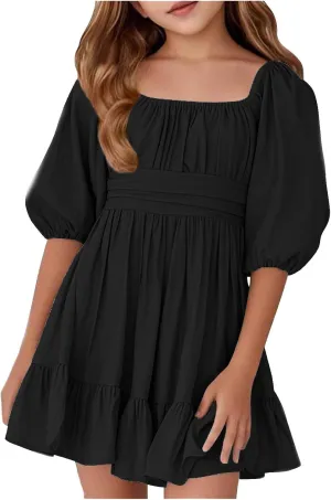 Girls Summer Tie Back Dress Tween Kids Square Neck Lantern Sleeve Ruffle A-Line Party Mini Dress Size 4-15 Years