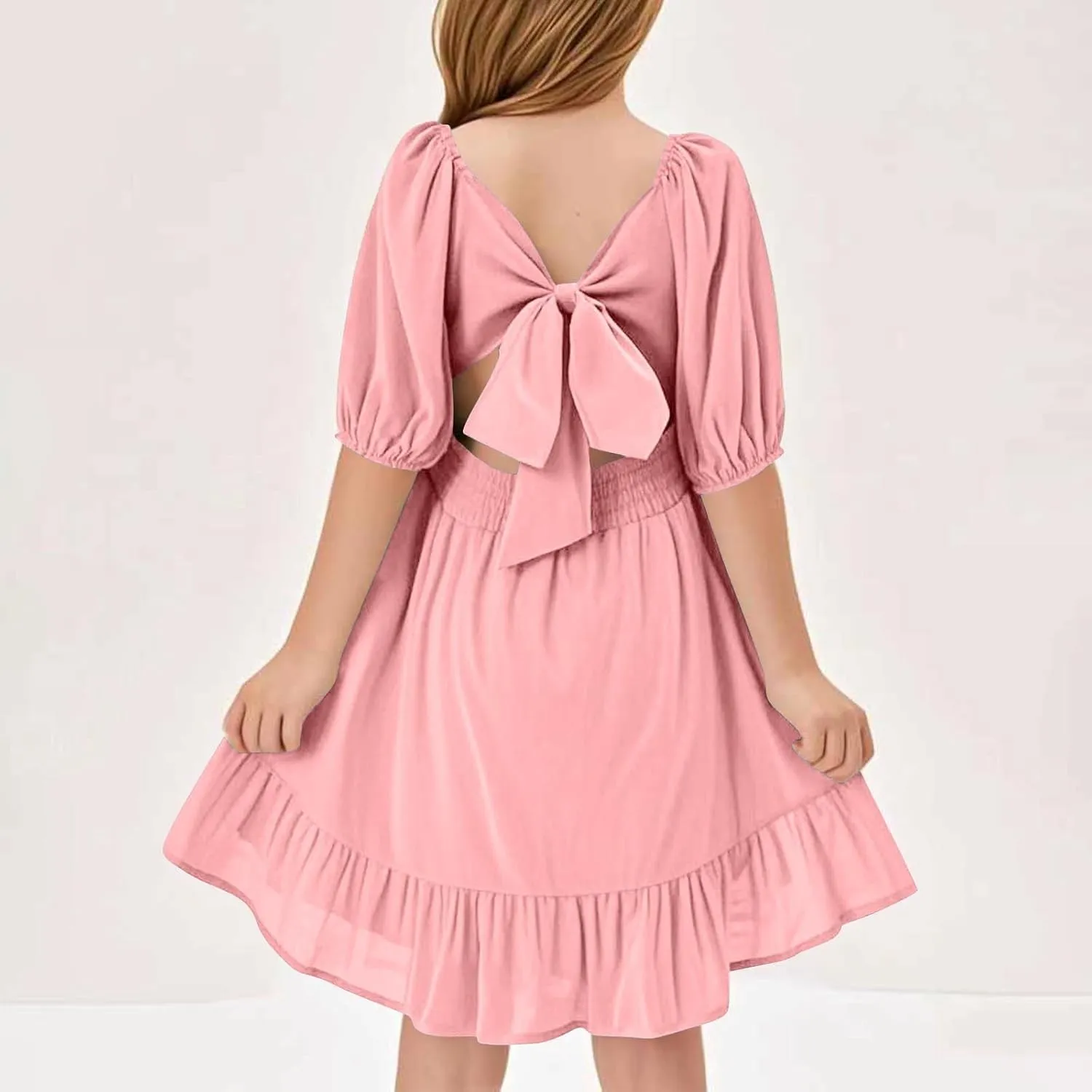 Girls Summer Tie Back Dress Tween Kids Square Neck Lantern Sleeve Ruffle A-Line Party Mini Dress Size 4-15 Years