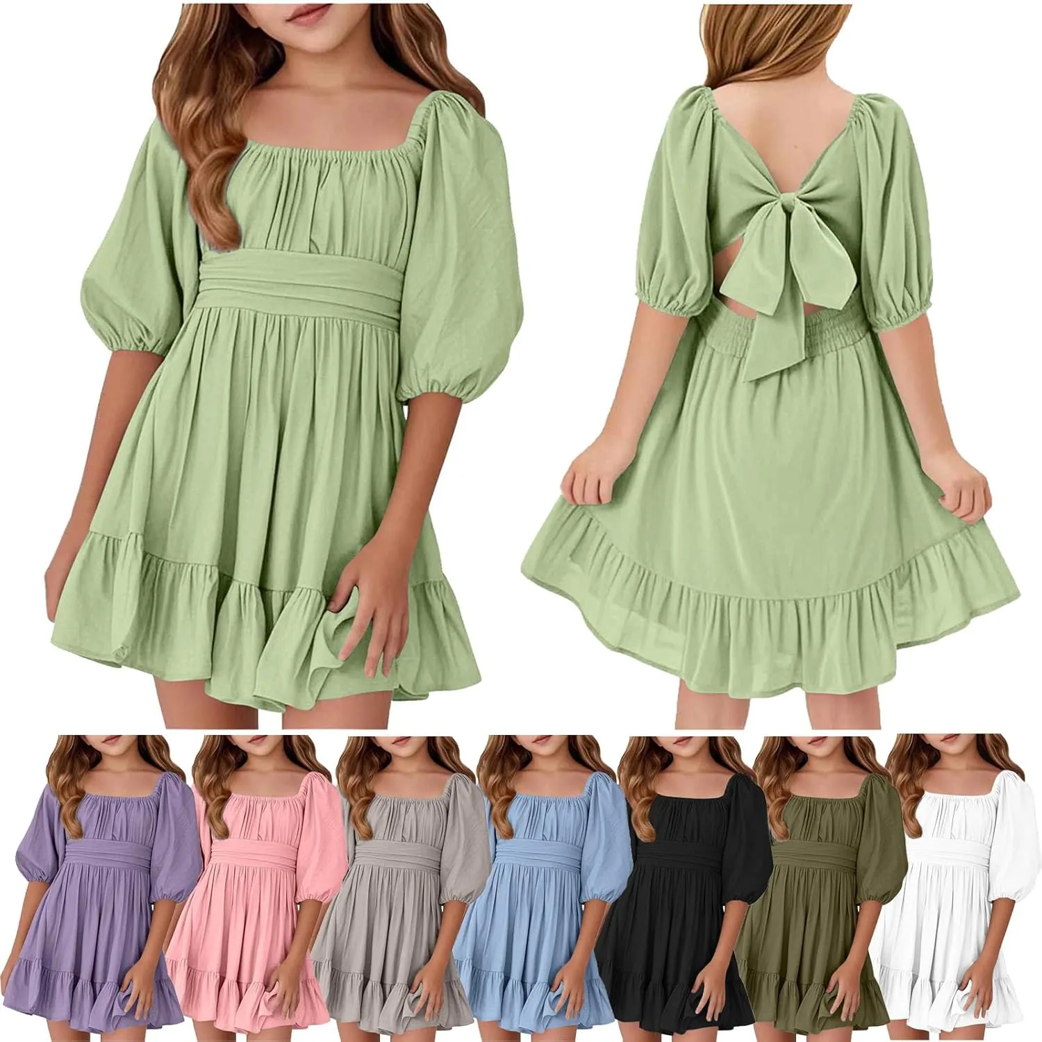 Girls Summer Tie Back Dress Tween Kids Square Neck Lantern Sleeve Ruffle A-Line Party Mini Dress Size 4-15 Years