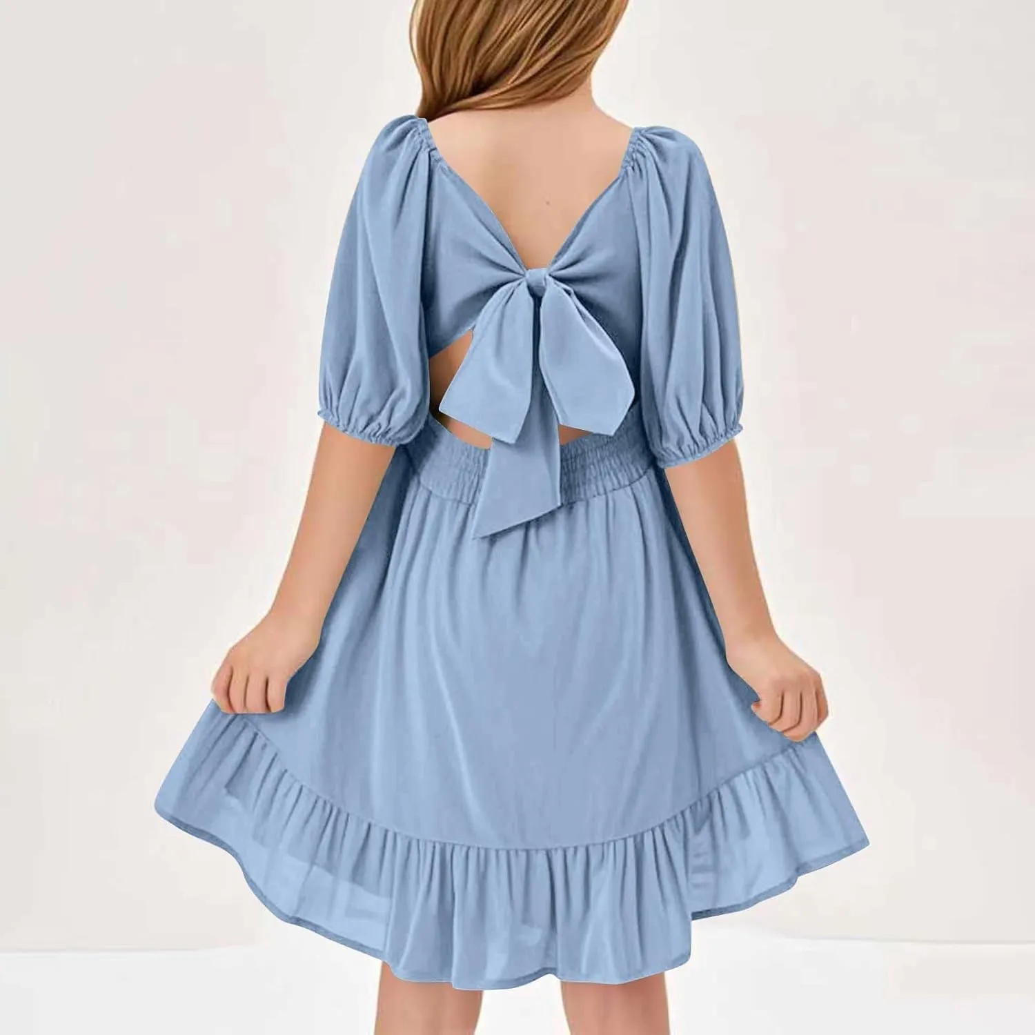 Girls Summer Tie Back Dress Tween Kids Square Neck Lantern Sleeve Ruffle A-Line Party Mini Dress Size 4-15 Years