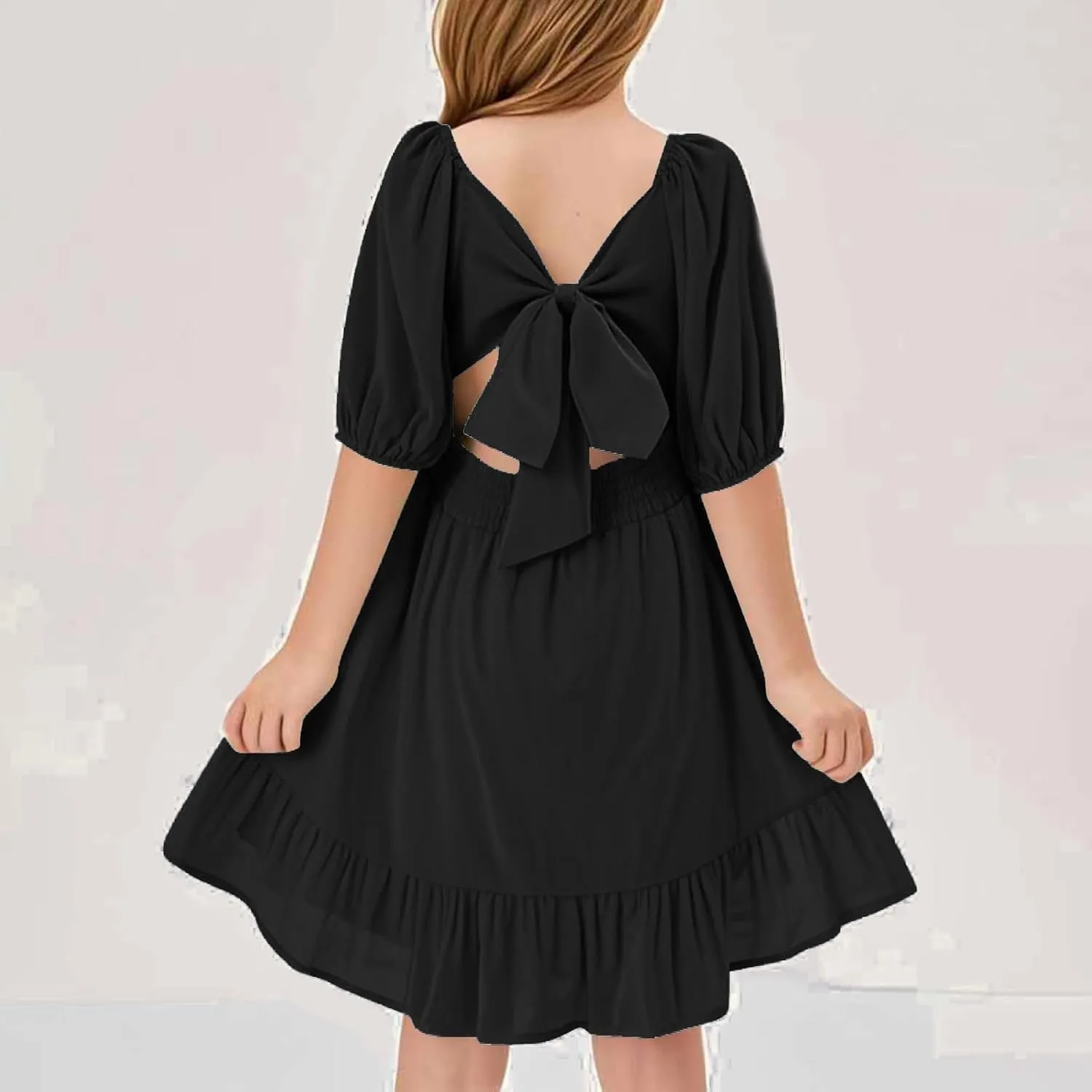 Girls Summer Tie Back Dress Tween Kids Square Neck Lantern Sleeve Ruffle A-Line Party Mini Dress Size 4-15 Years