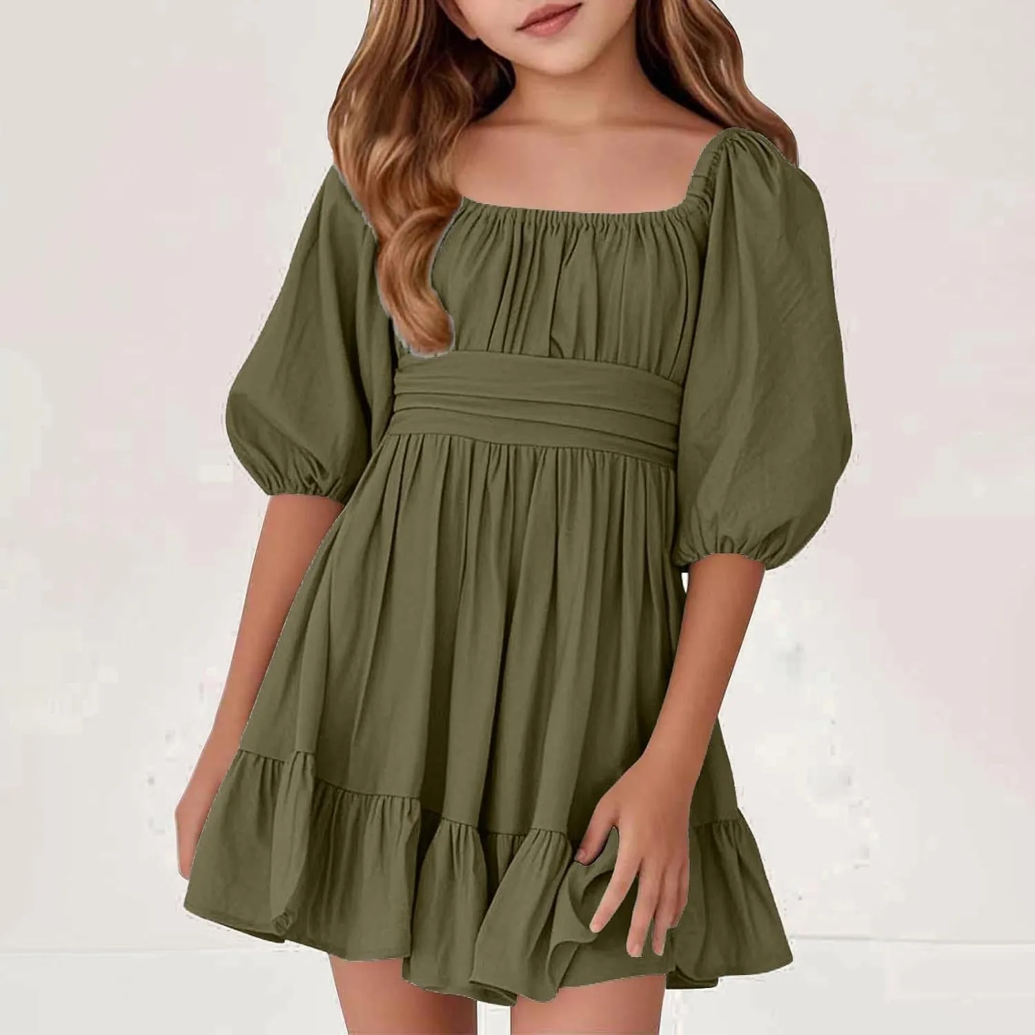 Girls Summer Tie Back Dress Tween Kids Square Neck Lantern Sleeve Ruffle A-Line Party Mini Dress Size 4-15 Years