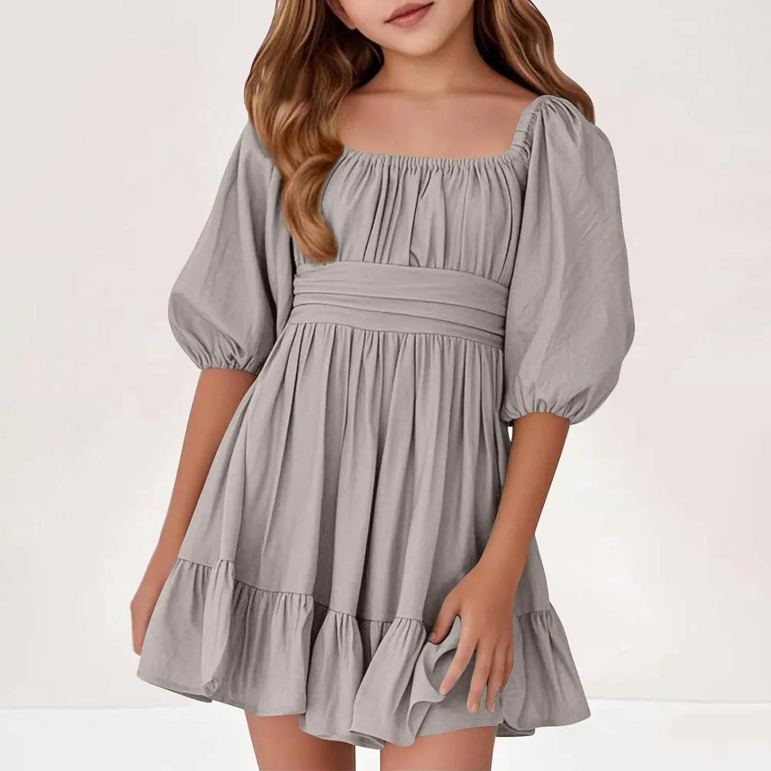 Girls Summer Tie Back Dress Tween Kids Square Neck Lantern Sleeve Ruffle A-Line Party Mini Dress Size 4-15 Years