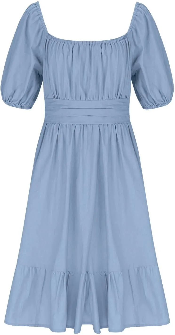 Girls Summer Tie Back Dress Tween Kids Square Neck Lantern Sleeve Ruffle A-Line Party Mini Dress Size 4-15 Years