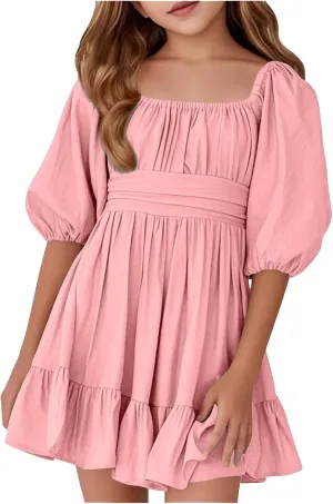 Girls Summer Tie Back Dress Tween Kids Square Neck Lantern Sleeve Ruffle A-Line Party Mini Dress Size 4-15 Years