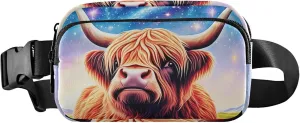 Glittery Highland Cow Women Fanny Pack Belt Bag Hip Pouch Waterproof Cartoon Cross Body Waist Purse
