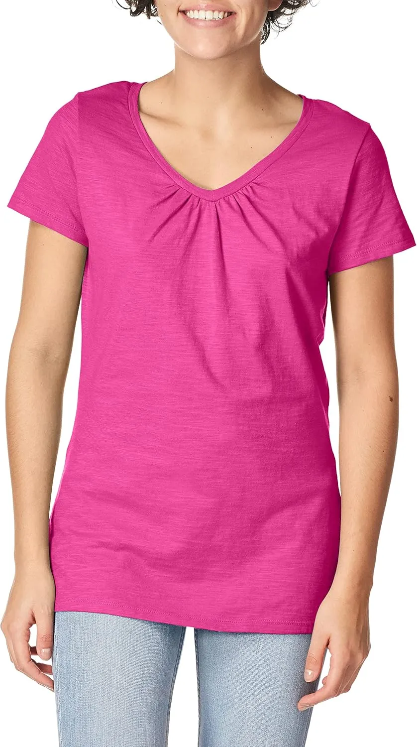 Hanes Women's Shirts, Slub Cotton Shirred V-Neck Tee, Cotton T-Shirts for Women, Womens Tee Shirts