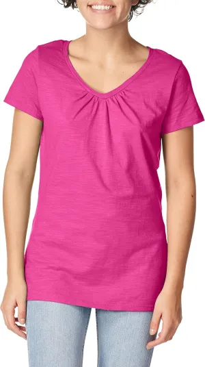Hanes Women's Shirts, Slub Cotton Shirred V-Neck Tee, Cotton T-Shirts for Women, Womens Tee Shirts