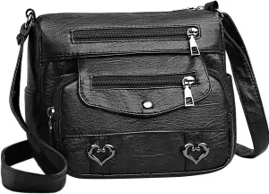Heart Decor Crossbody Bag Vintage PU Leather Shoulder Bag Women Pockets Purse Messenger Bag Side Bag (Black, One Size)