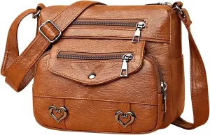 Heart Decor Crossbody Bag Vintage PU Leather Shoulder Bag Women Pockets Purse Messenger Bag Side Bag (Brown, One Size)