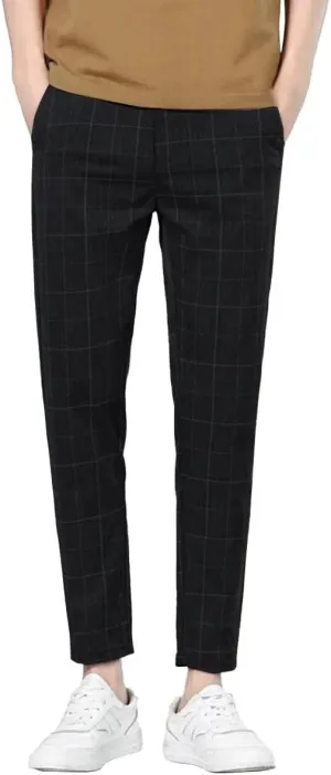 HENGAO Man's Chino Slim-Fit Plaid Pants Flat-Front Style Casual Skinny Fit Pants