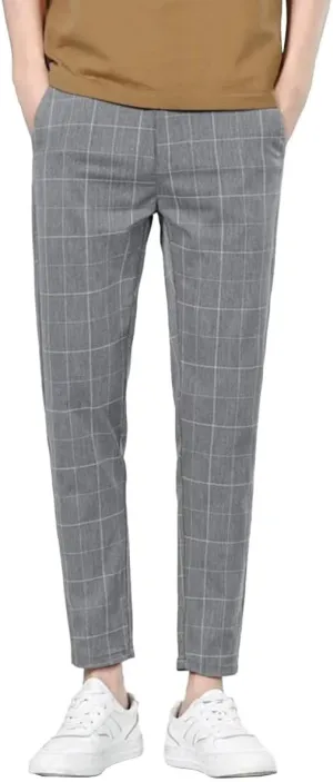 HENGAO Man's Chino Slim-Fit Plaid Pants Flat-Front Style Casual Skinny Fit Pants