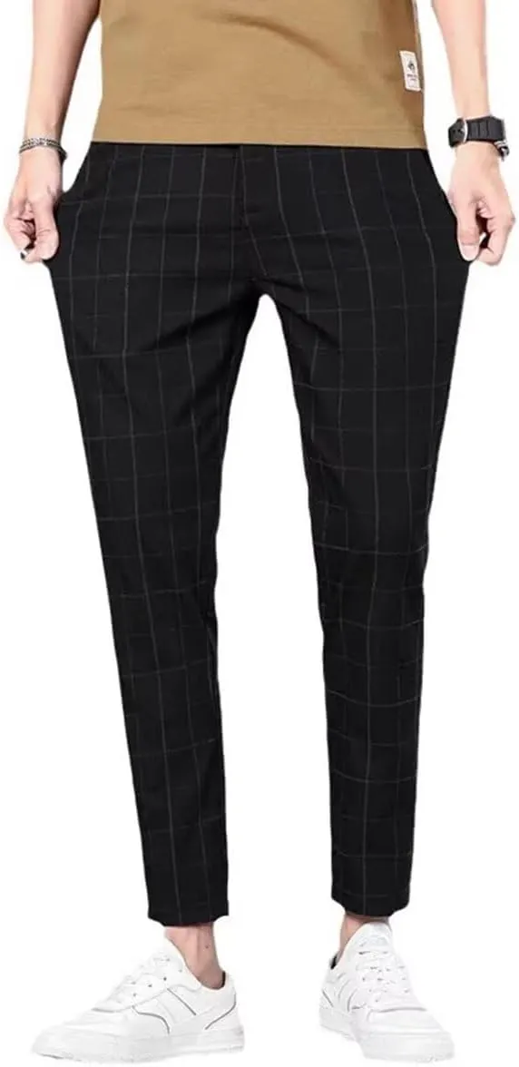 HENGAO Man's Chino Slim-Fit Plaid Pants Flat-Front Style Casual Skinny Fit Pants