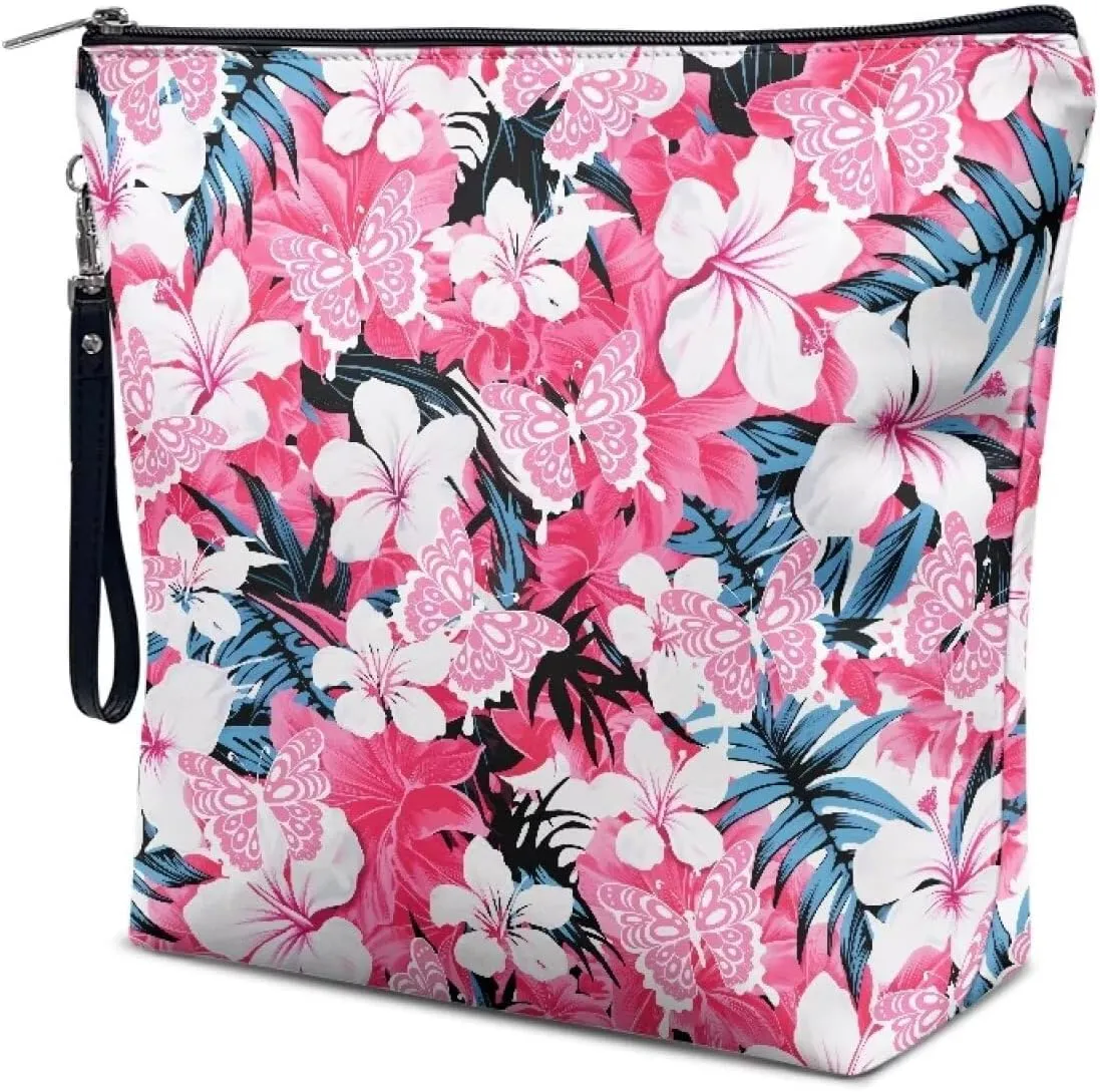 Hibiscus Butterfly Printed Makeup Bag, Toiletry Bag, Waterproof Large Capacity Travel Cosmetic Bag, Portable Zipper Cosmetic Pouch for Women, Girls, Mom, Wife, Sister, Friends