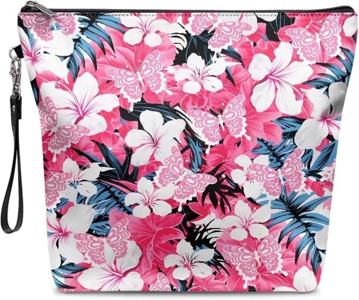 Hibiscus Butterfly Printed Makeup Bag, Toiletry Bag, Waterproof Large Capacity Travel Cosmetic Bag, Portable Zipper Cosmetic Pouch for Women, Girls, Mom, Wife, Sister, Friends