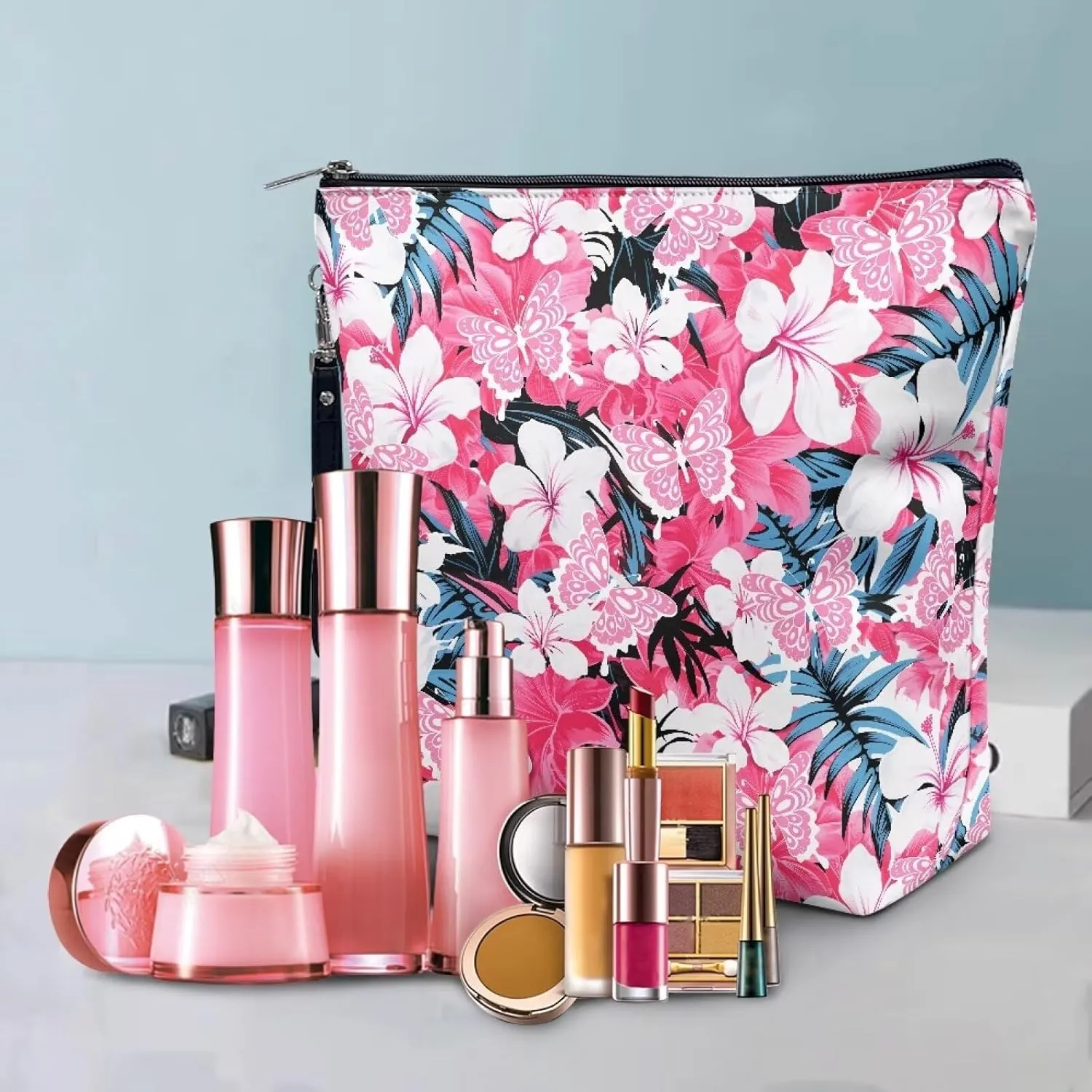 Hibiscus Butterfly Printed Makeup Bag, Toiletry Bag, Waterproof Large Capacity Travel Cosmetic Bag, Portable Zipper Cosmetic Pouch for Women, Girls, Mom, Wife, Sister, Friends