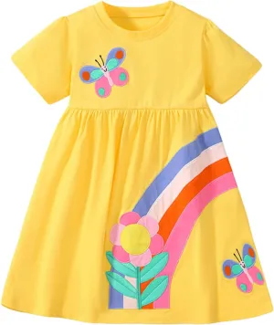 HILEELANG Toddler Girl Short Sleeve Dress Cotton Casual Spring Summer Easter Applique Playwear Dresse Size 2-8 Yeras