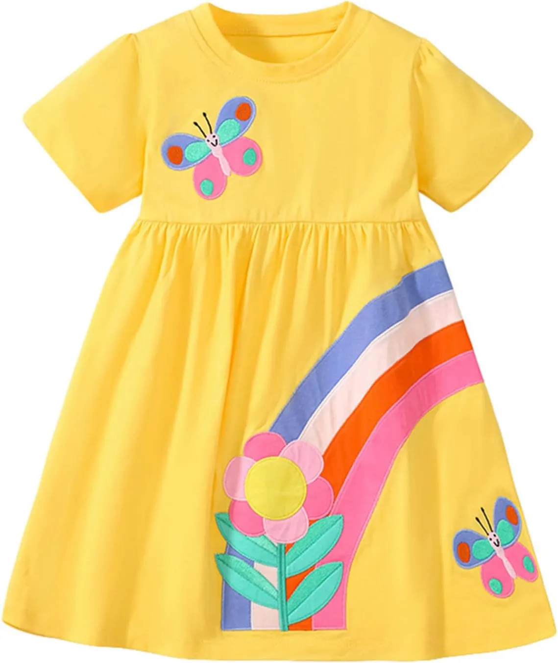 HILEELANG Toddler Girl Short Sleeve Dress Cotton Casual Spring Summer Easter Applique Playwear Dresse Size 2-8 Yeras