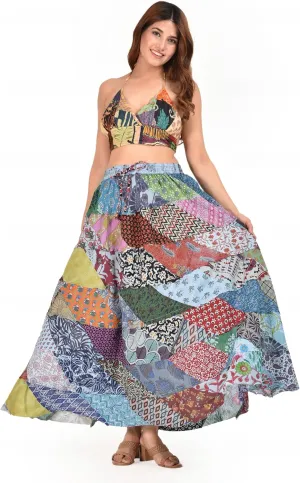 Hippie Forever Summer 2025 Colorful Patchwork Maxi Skirt - Indian Cotton, Bohemian Style,One Size (Waist 28-34 inch) Blue