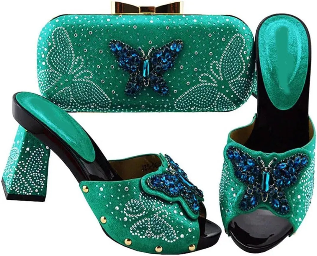 Italian Crafted Square-Toe Rhinestone Heels and Clutch Set African Womens Wedding Banquet Footwear