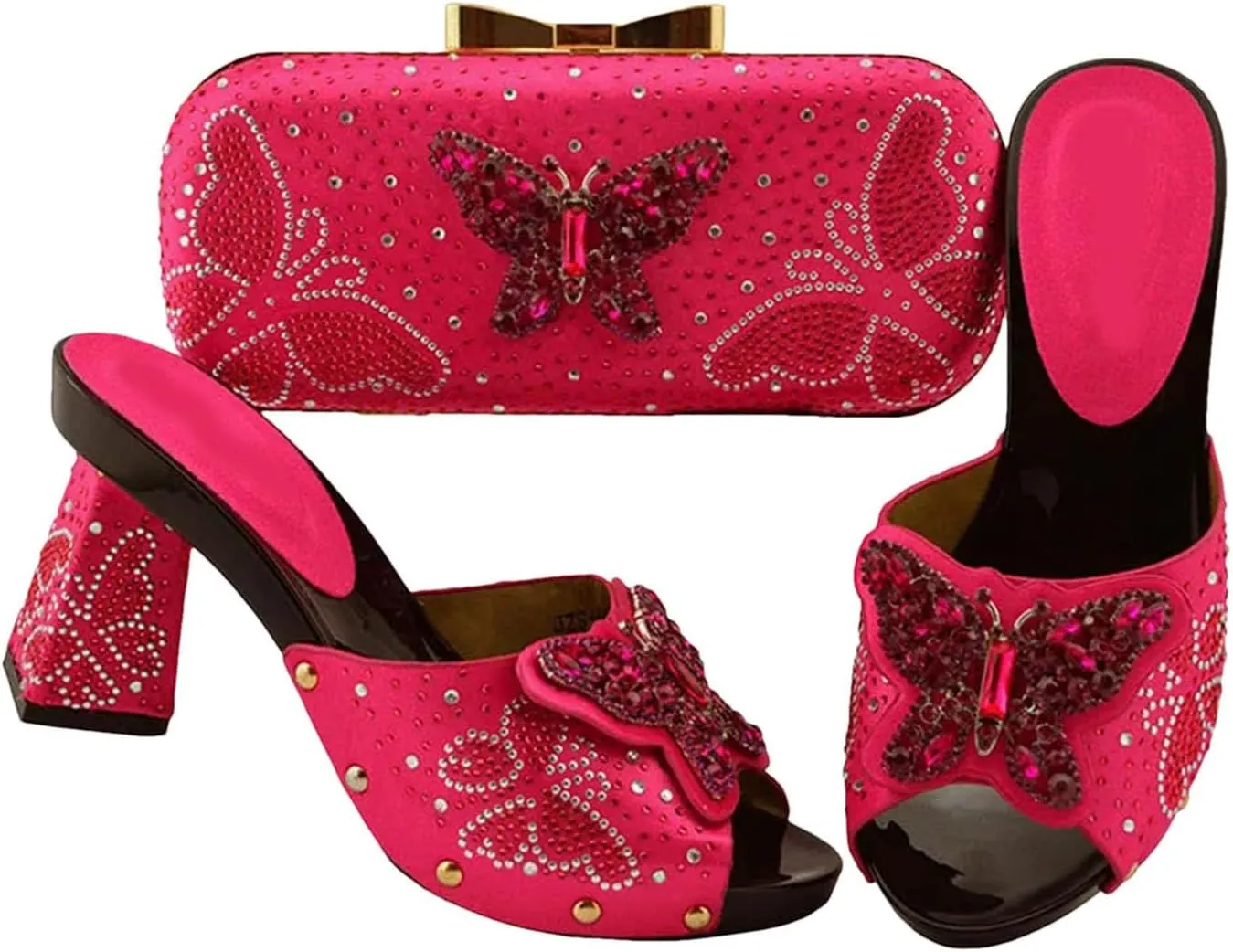 Italian Crafted Square-Toe Rhinestone Heels and Clutch Set African Womens Wedding Banquet Footwear