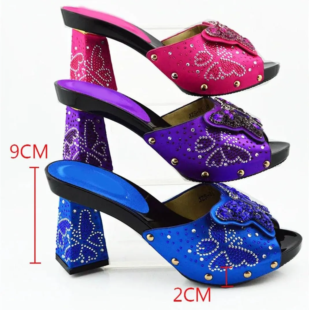 Italian Crafted Square-Toe Rhinestone Heels and Clutch Set African Womens Wedding Banquet Footwear