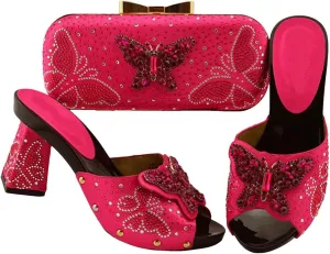 Italian Crafted Square-Toe Rhinestone Heels and Clutch Set African Womens Wedding Banquet Footwear