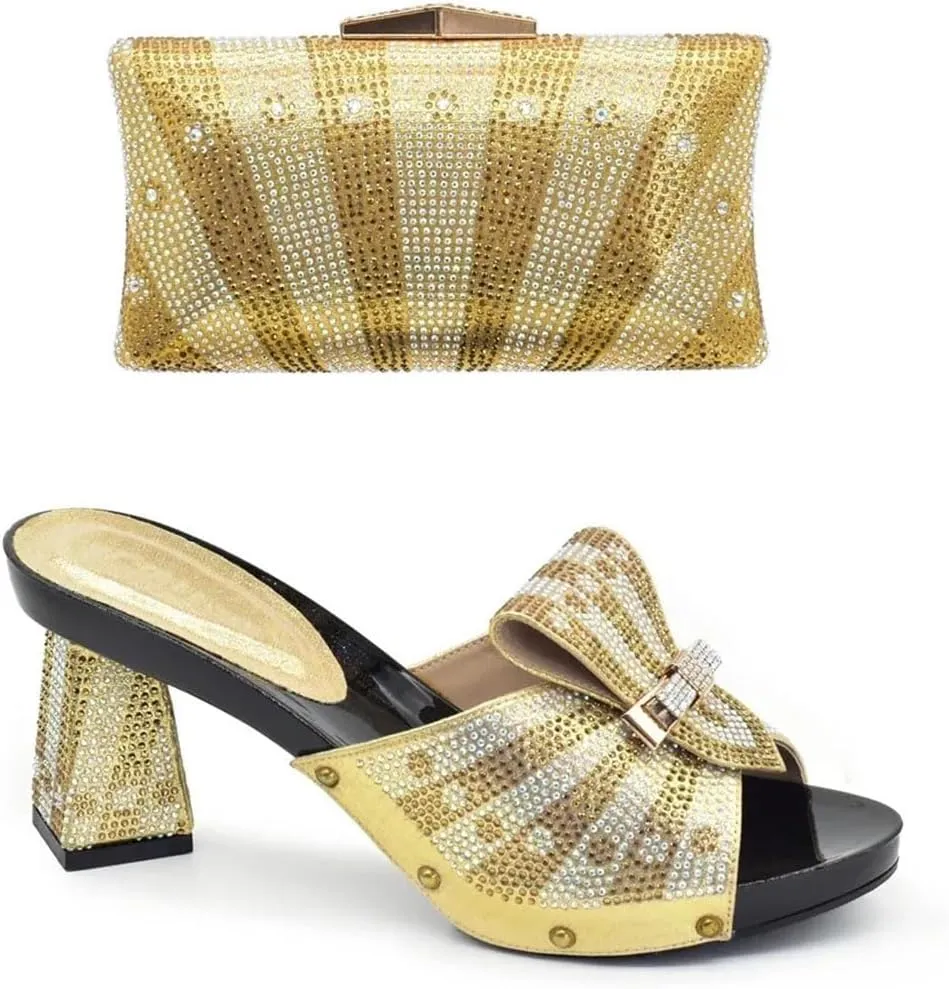 Italian Crafted Square Toe Rhinestone Heels Clutch Set African Womens Wedding Banquet Luxury Footwear