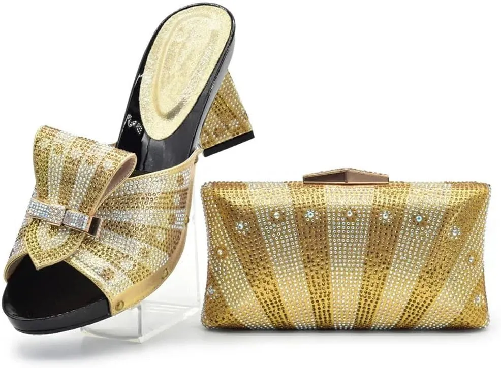 Italian Crafted Square Toe Rhinestone Heels Clutch Set African Womens Wedding Banquet Luxury Footwear