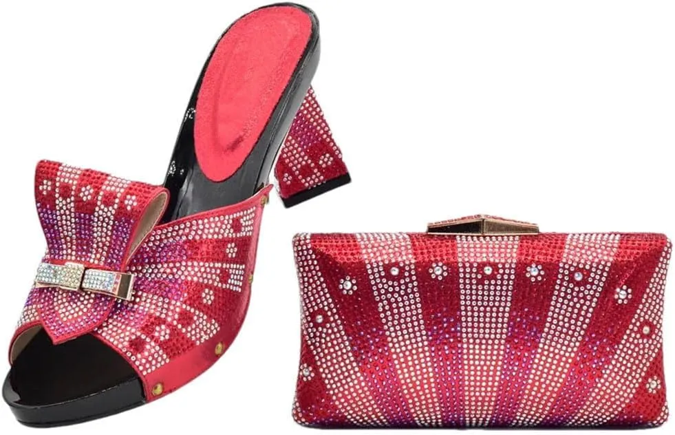 Italian Crafted Square Toe Rhinestone Heels Clutch Set African Womens Wedding Banquet Luxury Footwear