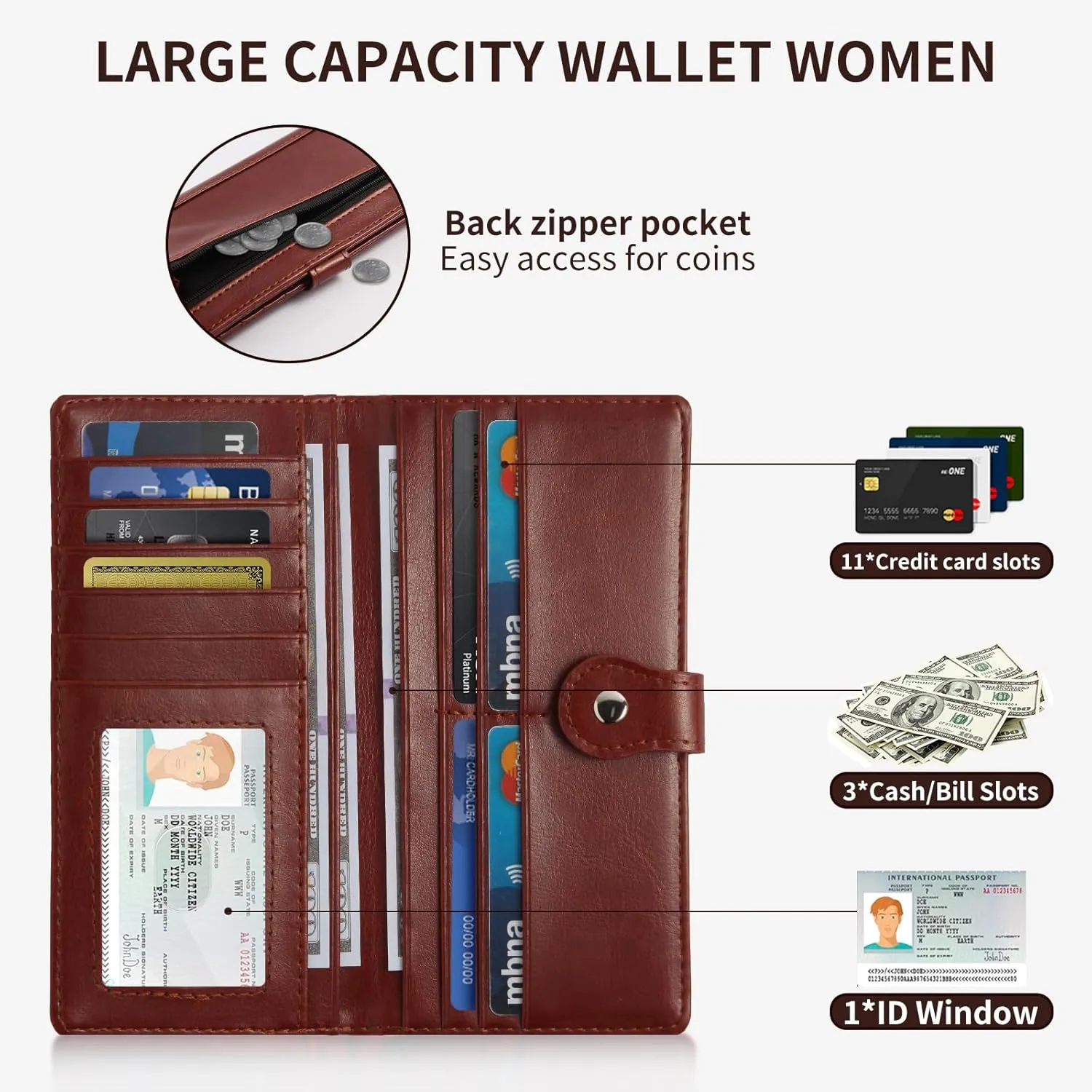 Kamo Slim RFID Blocking Leather Wallet for Women - Bifold Compact Purse with Zippered Coin Pocket & Card Slots (Brown)
