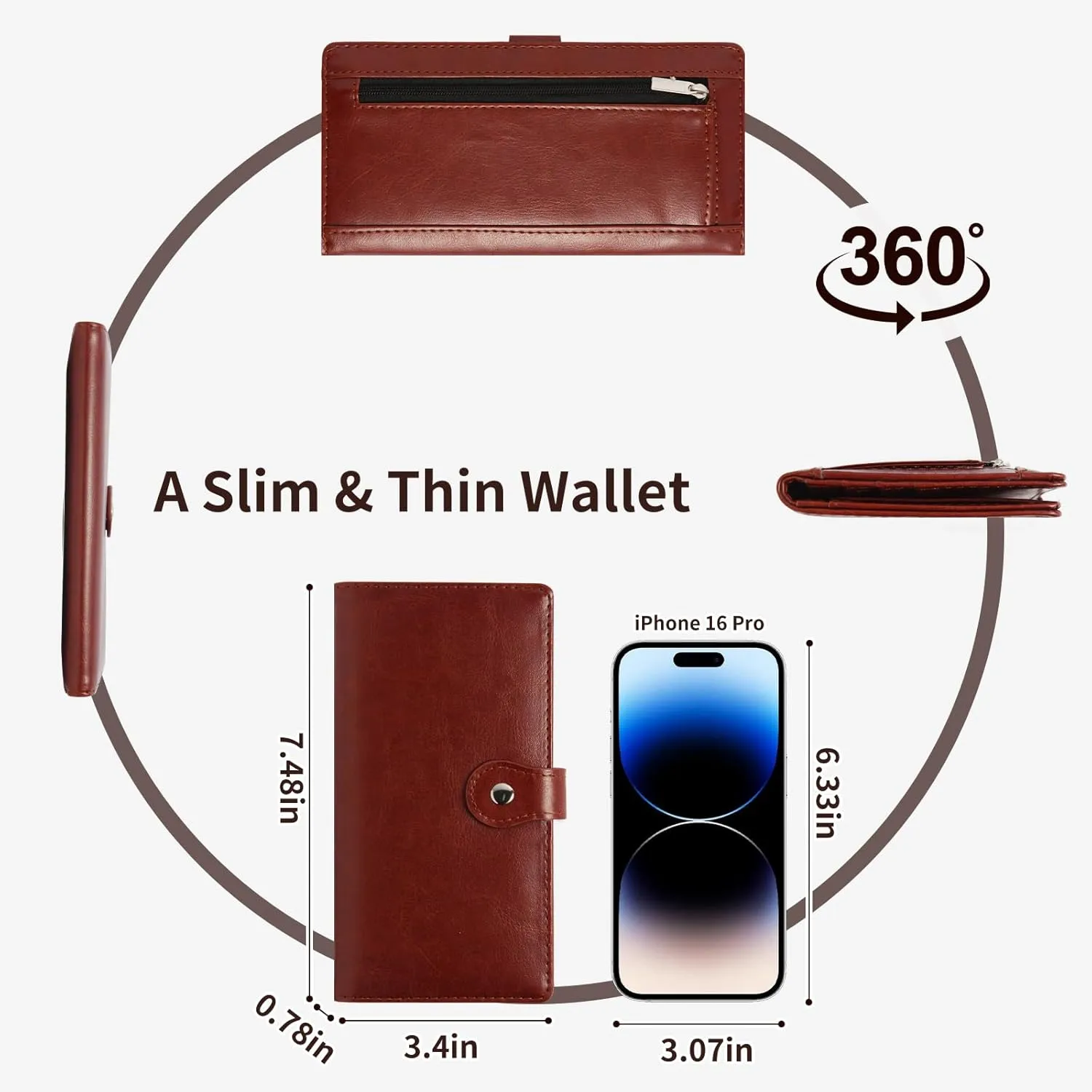Kamo Slim RFID Blocking Leather Wallet for Women - Bifold Compact Purse with Zippered Coin Pocket & Card Slots (Brown)