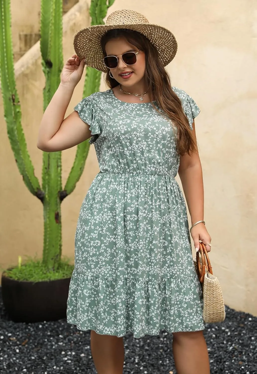 Keluummi Plus Size Dress for Curvy Women, Summer Casual Boho Floral Tiered Midi Graduation Sundress, Pocket, Flutter Sleeve