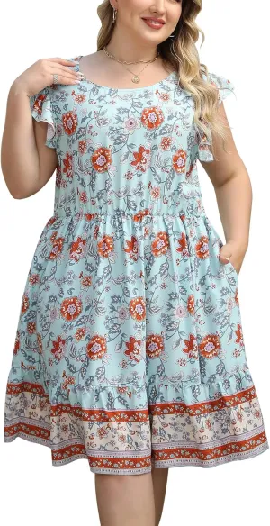 Keluummi Plus Size Dress for Curvy Women, Summer Casual Boho Floral Tiered Midi Graduation Sundress, Pocket, Flutter Sleeve