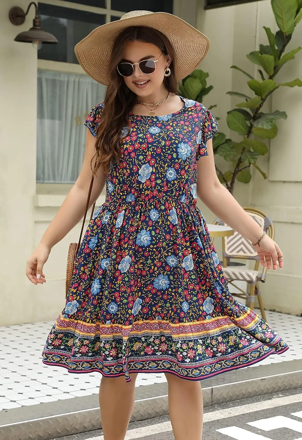 Keluummi Plus Size Dress for Curvy Women, Summer Casual Boho Floral Tiered Midi Graduation Sundress, Pocket, Flutter Sleeve