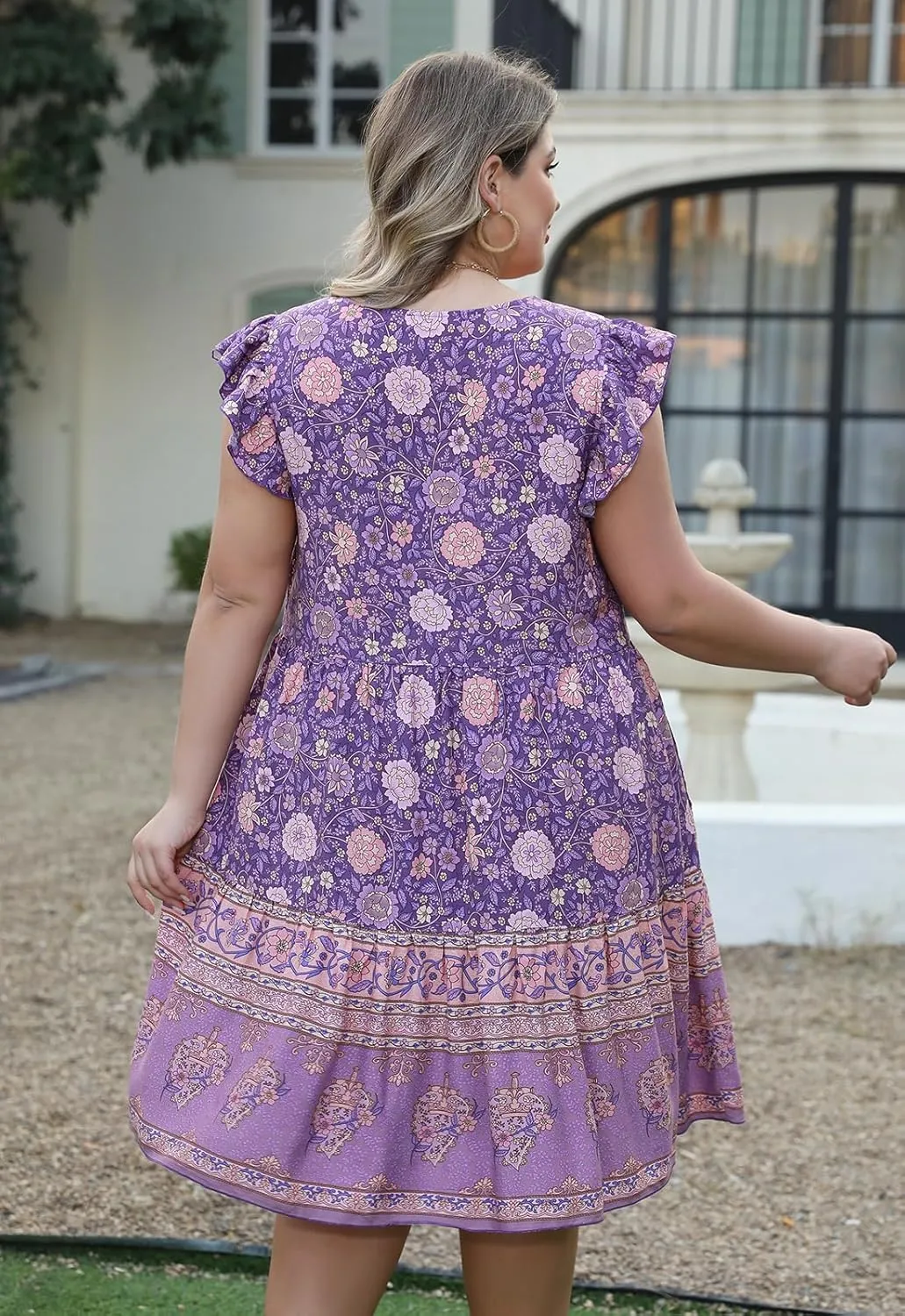 Keluummi Plus Size Dress for Curvy Women, Summer Casual Boho Floral Tiered Midi Graduation Sundress, Pocket, Flutter Sleeve