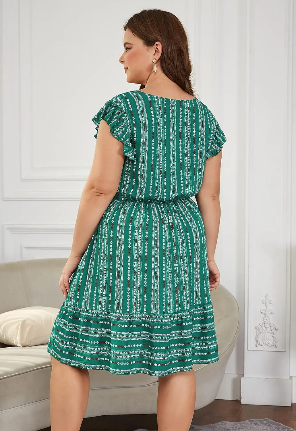 Keluummi Plus Size Dress for Curvy Women, Summer Casual Boho Floral Tiered Midi Graduation Sundress, Pocket, Flutter Sleeve