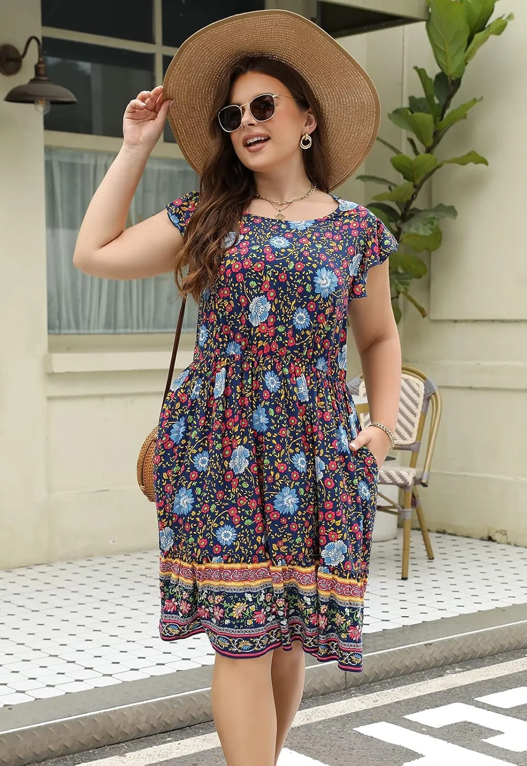 Keluummi Plus Size Dress for Curvy Women, Summer Casual Boho Floral Tiered Midi Graduation Sundress, Pocket, Flutter Sleeve