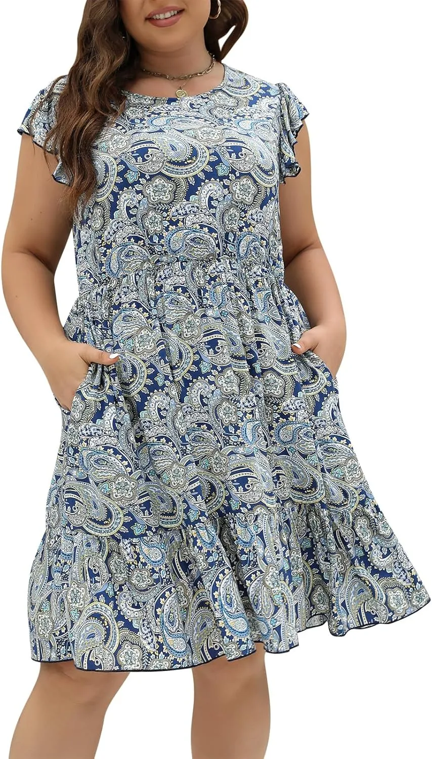 Keluummi Plus Size Dress for Curvy Women, Summer Casual Boho Floral Tiered Midi Graduation Sundress, Pocket, Flutter Sleeve