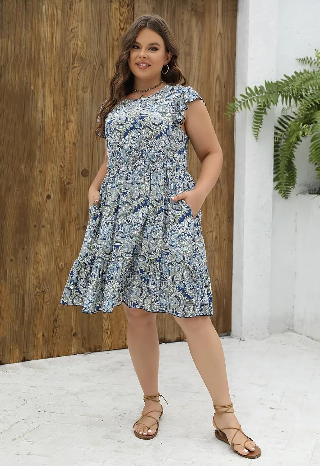 Keluummi Plus Size Dress for Curvy Women, Summer Casual Boho Floral Tiered Midi Graduation Sundress, Pocket, Flutter Sleeve