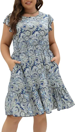 Keluummi Plus Size Dress for Curvy Women, Summer Casual Boho Floral Tiered Midi Graduation Sundress, Pocket, Flutter Sleeve