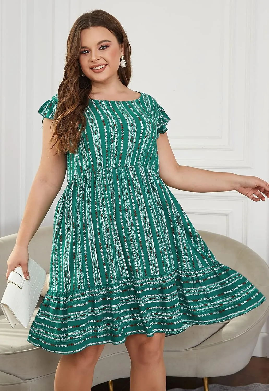 Keluummi Plus Size Dress for Curvy Women, Summer Casual Boho Floral Tiered Midi Graduation Sundress, Pocket, Flutter Sleeve
