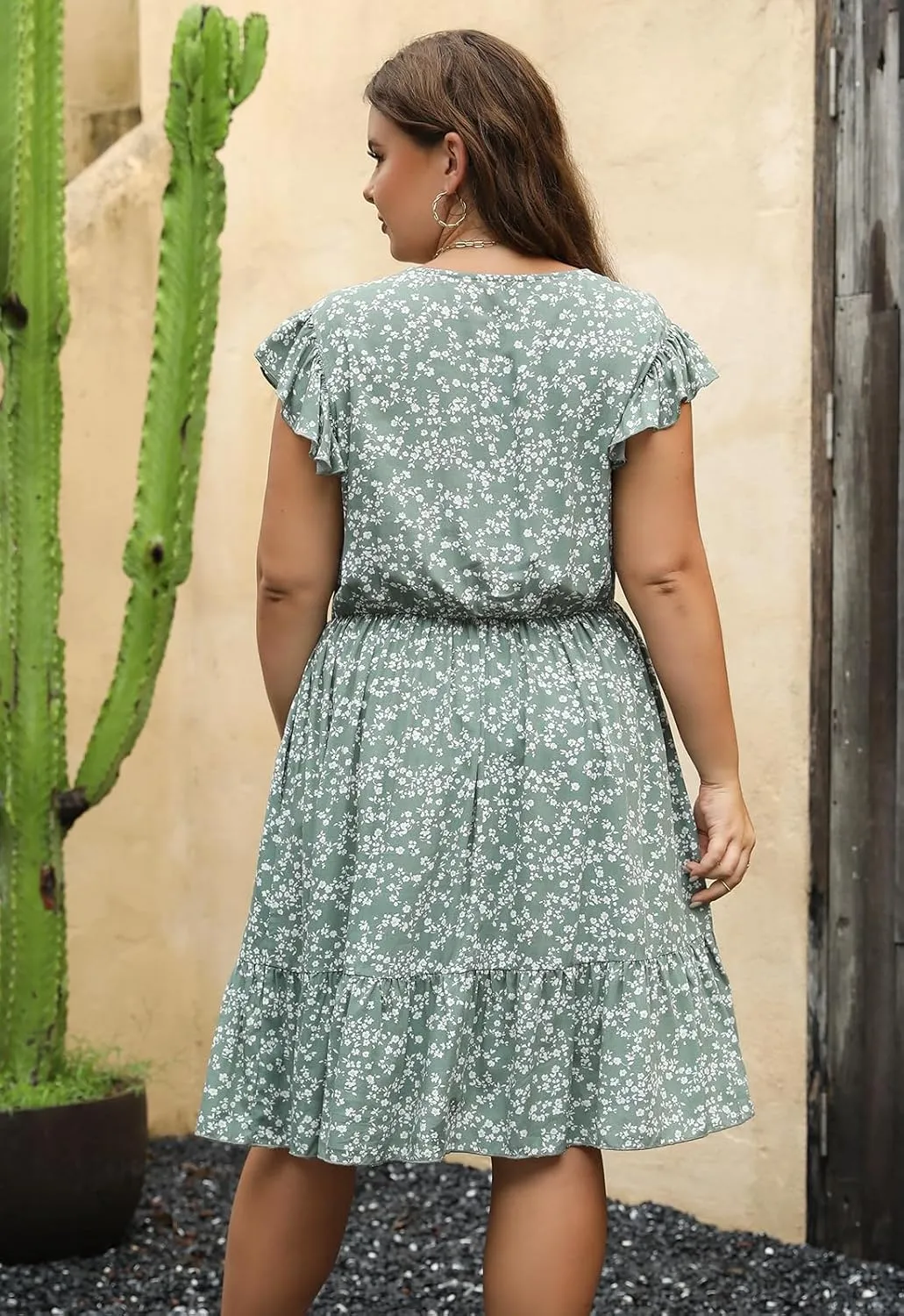 Keluummi Plus Size Dress for Curvy Women, Summer Casual Boho Floral Tiered Midi Graduation Sundress, Pocket, Flutter Sleeve