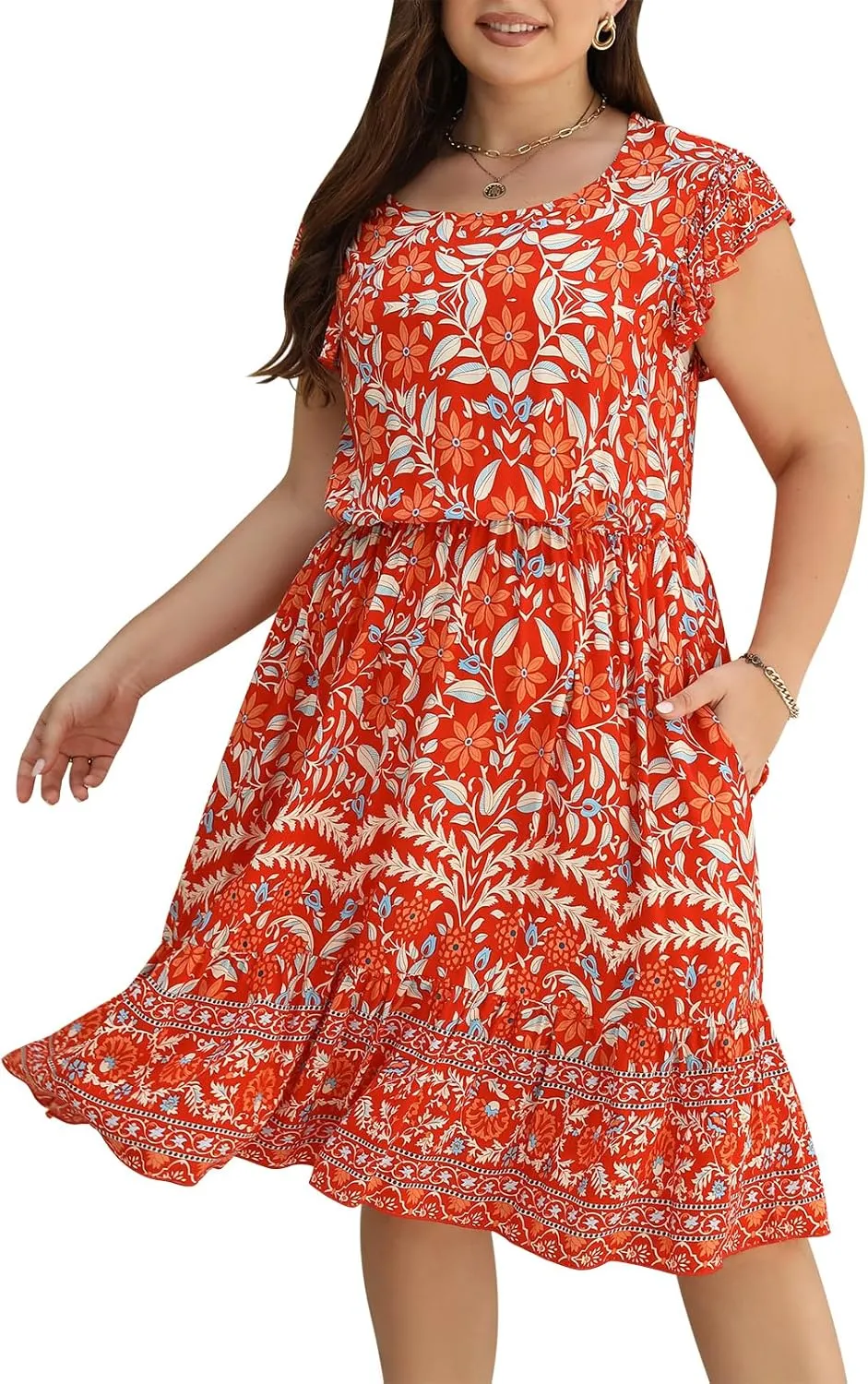 Keluummi Plus Size Dress for Curvy Women, Summer Casual Boho Floral Tiered Midi Graduation Sundress, Pocket, Flutter Sleeve