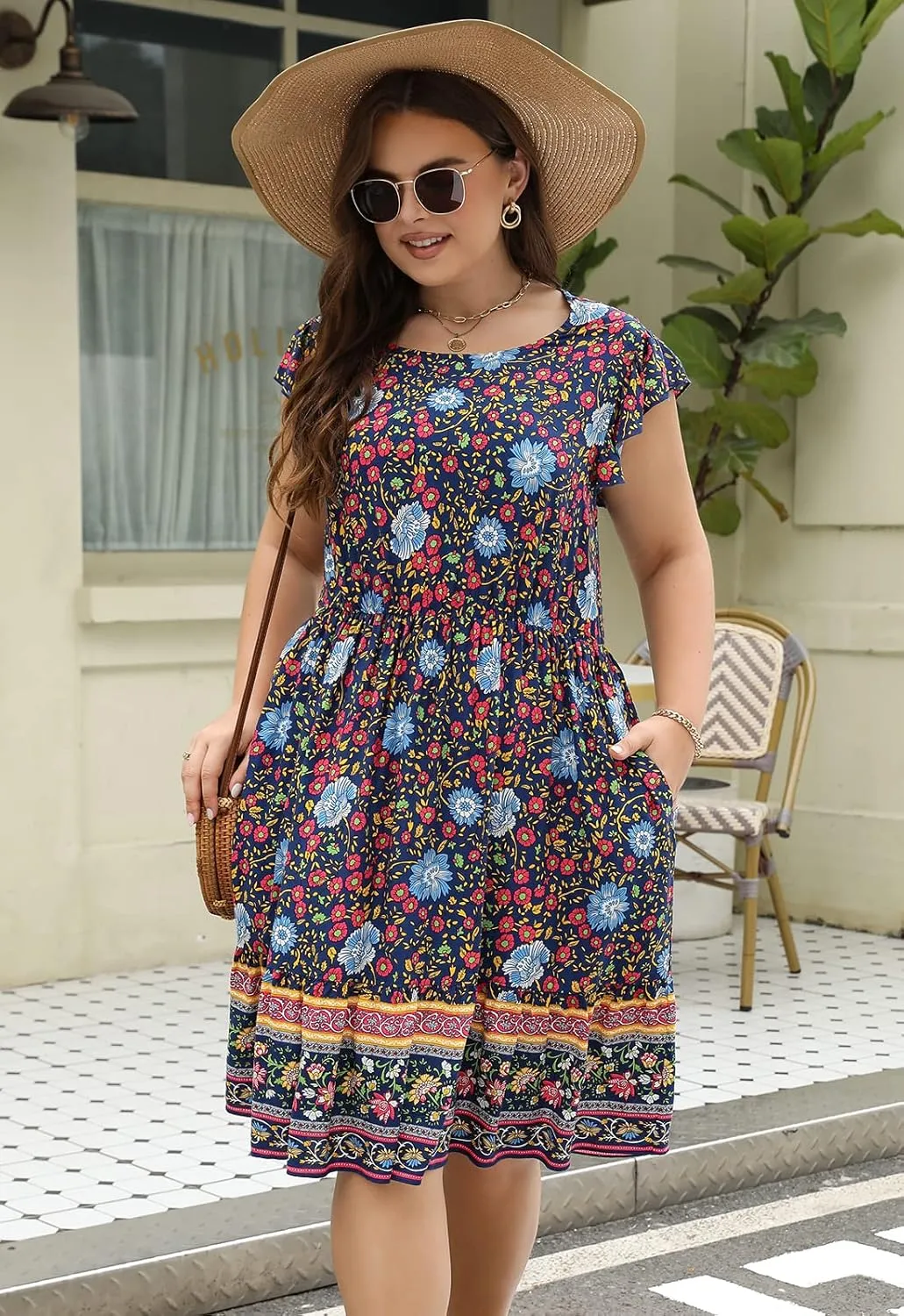 Keluummi Plus Size Dress for Curvy Women, Summer Casual Boho Floral Tiered Midi Graduation Sundress, Pocket, Flutter Sleeve
